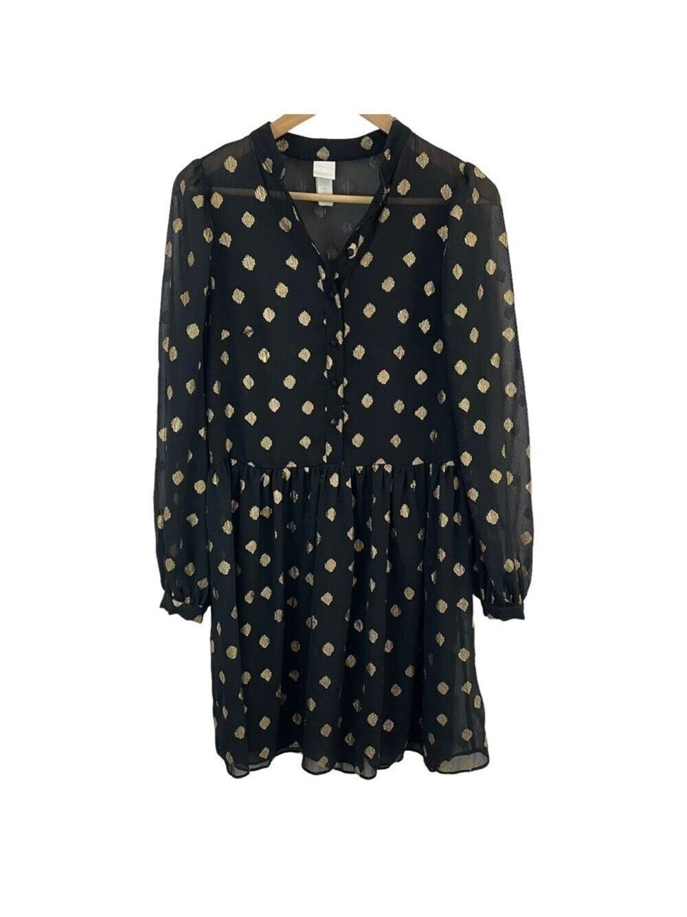 H&M Sheer Polkadot Button Up Blouse Women’s S Black Gold Tunic Holiday Christmas